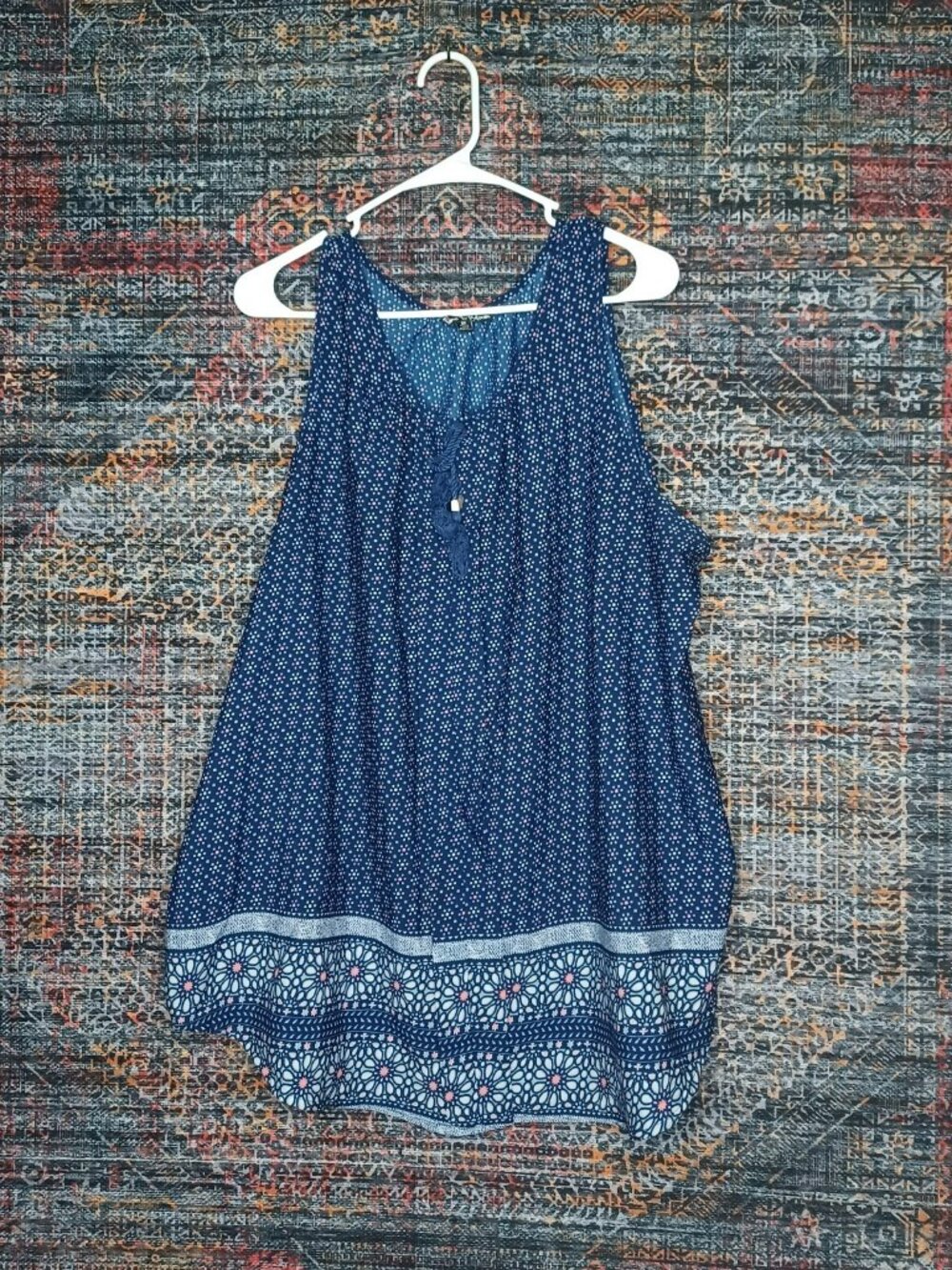 Time to Bloom womens navy white floral dots sleeveless tunic top 3X EUC